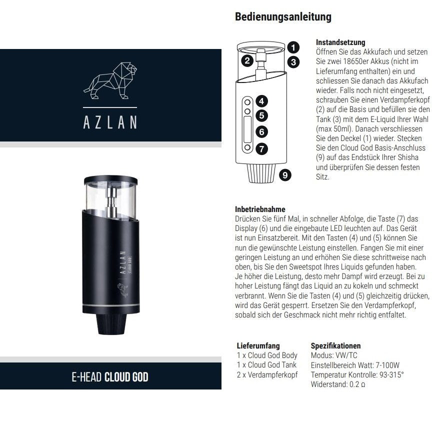 e-shisha azlan cloud god bedienungsanleitung