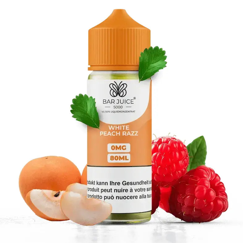 BAR JUICE e liquid white peach razz 80ml nachfuellflasche mit weissem pfirsich und himbeere geschmack fuer e zigaretten in plastikflasche 0mg nikotin