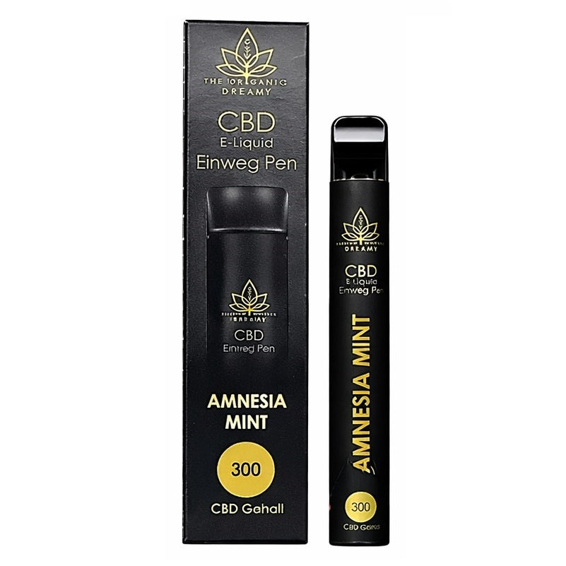 Dreamy CBD Vape Amnesia Mint Einweg Vape Pen mit 300mg CBD, erfrischender CBD Vape mit Minz- und Amnesia-Aroma, THC <0,2%, nikotinfreier Full-Spectrum CBD Vape für entspannende Anwendung und aromatischen Dampfgenuss mit kühlendem Mentholgeschmack.