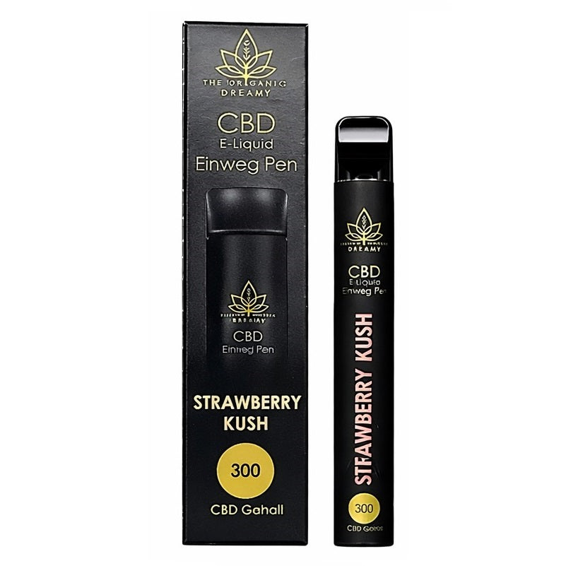 Dreamy CBD Vape Strawberry Kush Einweg Vape Pen, CBD Vape mit 300mg Full Spectrum CBD, fruchtig-süßes Erdbeer-Kush-Aroma mit leicht erdigen Cannabis-Noten, THC <0,2%, sofort einsatzbereiter CBD Vape für entspannende Anwendung und aromatischen Dampfgenuss.