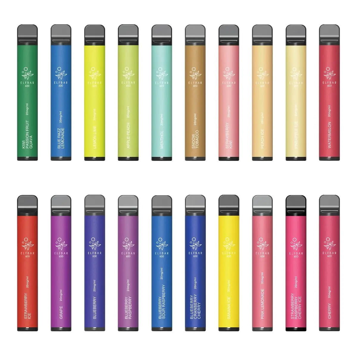 elf bar einweg vape mit 600 puffs und 20mg nikotin mit 20 verschiedenen aromen