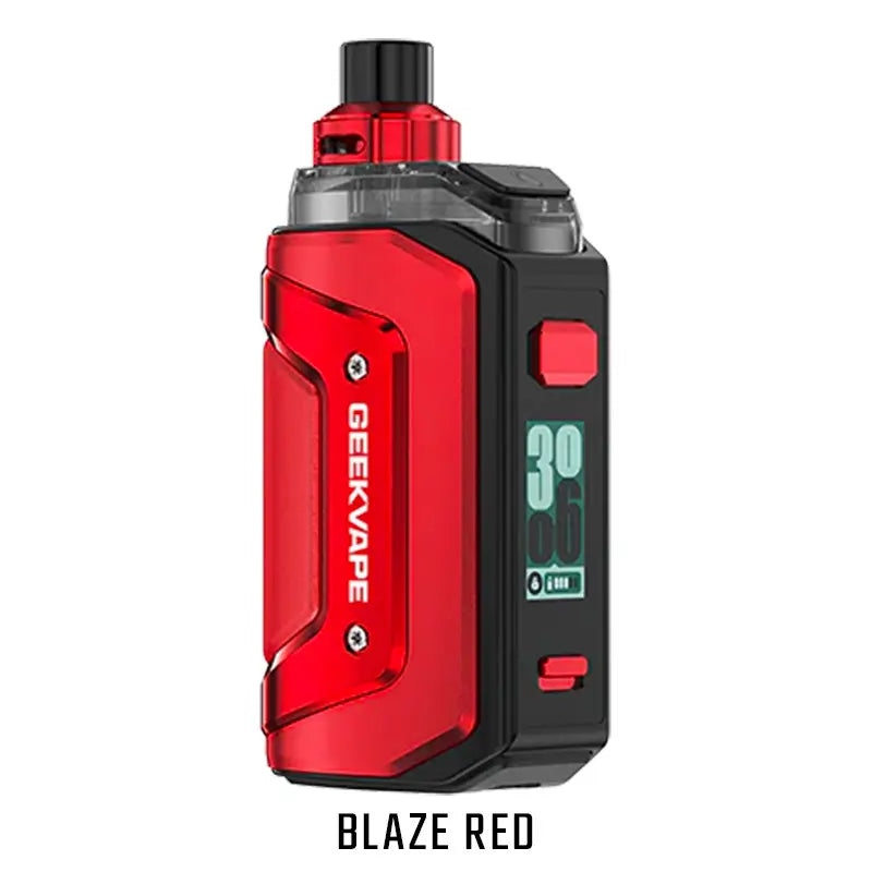 Kompaktes Vape-Gerät „Geekvape Aegis Hero 5“ in der Farbe Blaze Red. Das Gerät zeigt ein robustes, rechteckiges Design mit einem roten Metallrahmen, schwarzen Akzenten und einem schwarzen Pod-Mundstück oben. Auf der Vorderseite befindet sich ein integriertes Display, während die griffige, stoßfeste Oberfläche im typischen Aegis-Design gehalten ist und einen industriell stabilen Eindruck vermittelt.