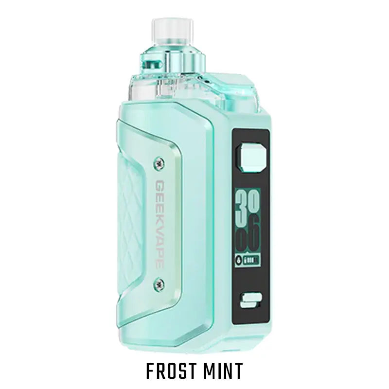 Kompaktes Vape-Gerät „Geekvape Aegis Hero 5“ in der Farbe Frost Mint. Das Gerät hat ein robustes, rechteckiges Design mit mintgrünem (hell türkisfarbenem) Metallrahmen und schwarzem oberen Pod-Mundstück. Auf der Vorderseite befindet sich ein integriertes Display, kombiniert mit einer griffig strukturierten, stoßfest wirkenden Oberfläche im typischen Aegis-Design.