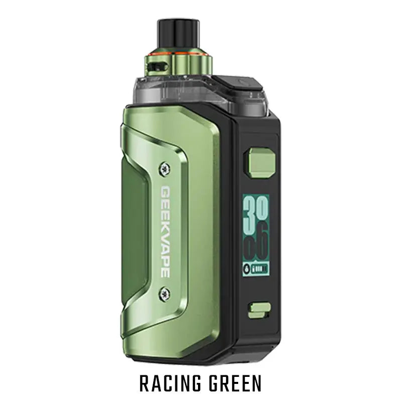 Kompaktes Vape-Gerät „Geekvape Aegis Hero 5“ in der Farbe Racing Green. Das Gerät hat ein robustes, rechteckiges Gehäuse mit grünem Metallrahmen, schwarzem oberen Pod-Mundstück und einem integrierten Display auf der Vorderseite. Die Oberfläche kombiniert grüne und schwarze Elemente mit einer strukturierten, griffigen Beschichtung und einem industriell stabilen Design.