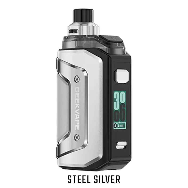 Kompaktes Vape-Gerät „Geekvape Aegis Hero 5“ in der Farbe Steel Silver. Das Gerät hat ein robustes, rechteckiges Design mit Metallrahmen, integriertem Display und abgerundeten Kanten. Oben befindet sich ein schwarzer Mundstück-Pod, darunter ein graues Gehäuse mit strukturierter Oberfläche und sichtbaren Bedienelementen.