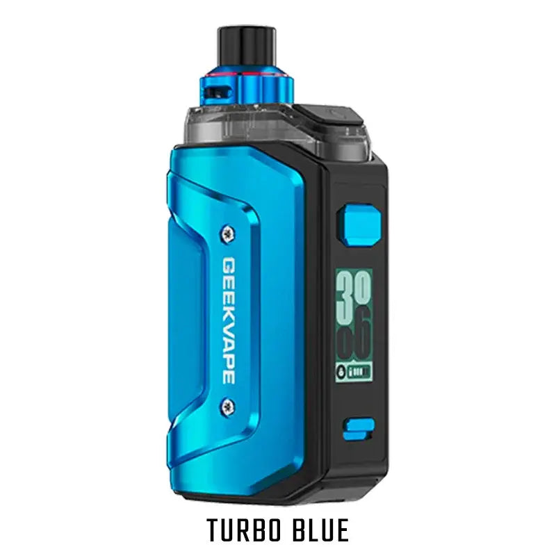 Geekvape Aegis Hero 5 E-Zigarette in Turbo Blue mit robustem Gehäuse, Display und integriertem Pod-Tank, frontal dargestellt