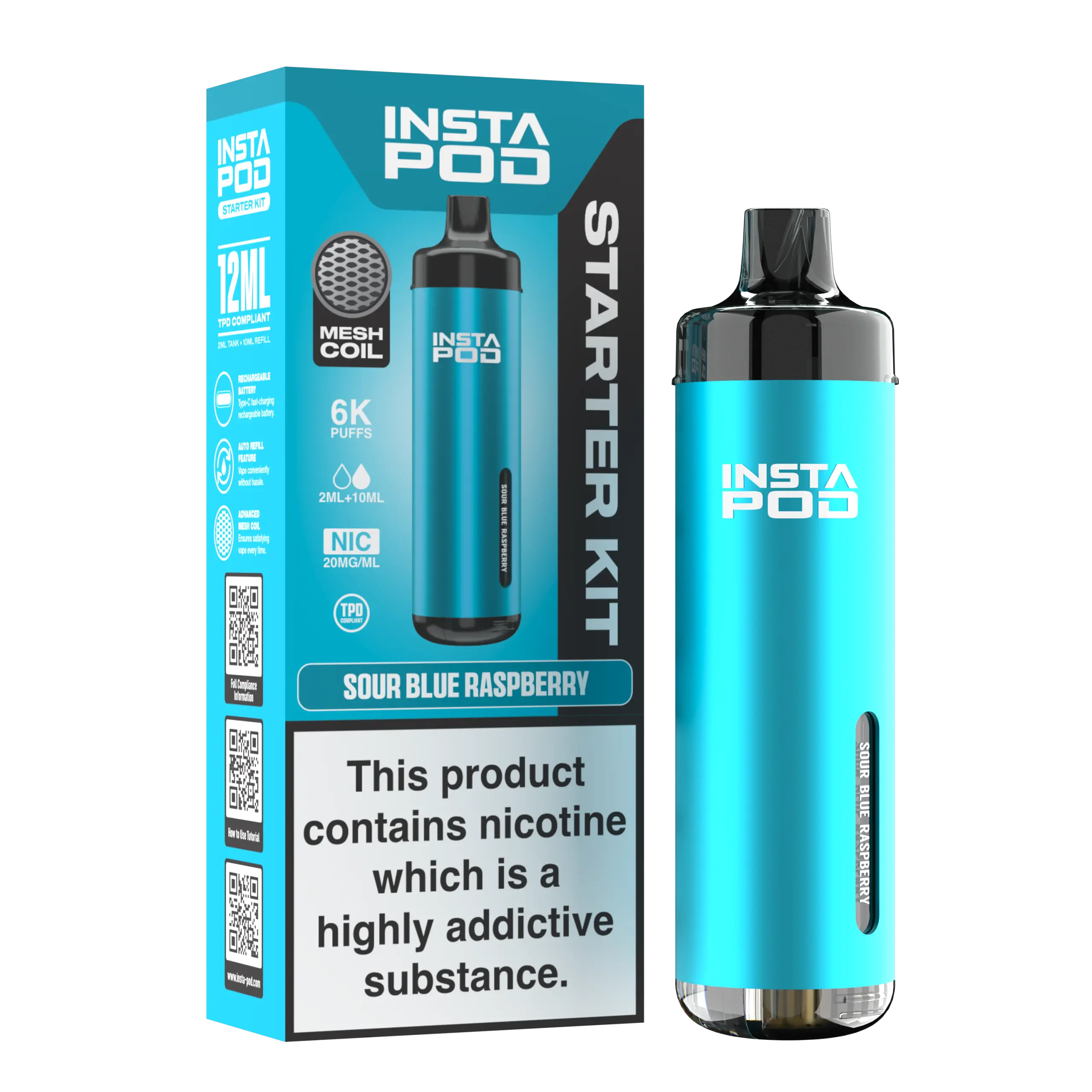 Insta Pod Vape Einweggerät 6000 Puffs – E-Zigarette im Geschmack Sour Blue Raspberry.