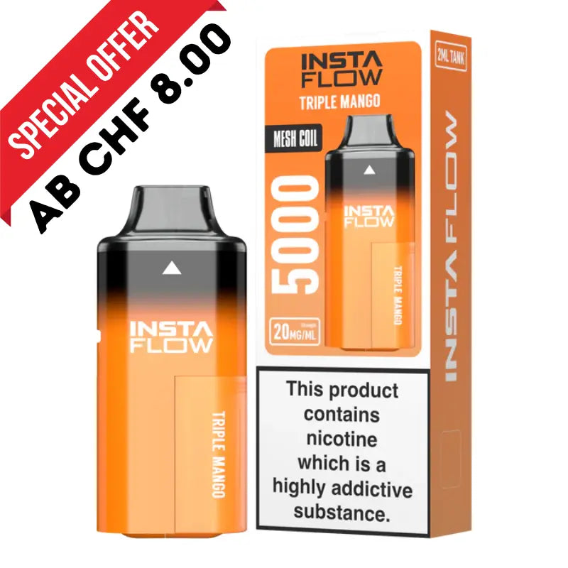 INSTAFLOW 5000 triple mango so einweg e zigarette mit mango geschmack vorgefuellt mit integriertem akku und zugautomatik