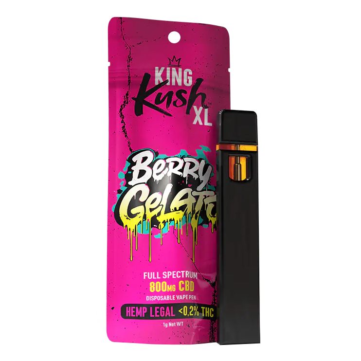 King Kush CBD Vape Berry Gelato 800mg Full Spectrum CBD Einweg-Vape Pen, fruchtig-cremiges Berry-Gelato-Aroma, THC <0,2%, sofort einsatzbereiter CBD Vape für entspannende Anwendung mit bis zu 400 Zügen und legalem Hanfextrakt.