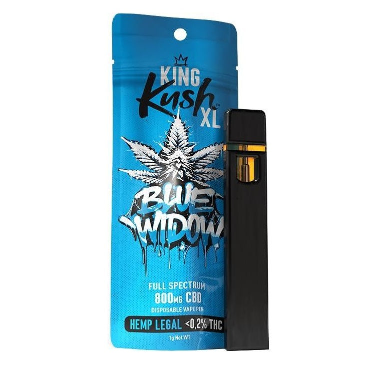 King Kush CBD Vape Blue Widow 800mg Full Spectrum CBD Einweg-Vape Pen, aromatischer CBD Vape mit Blue-Widow-Hybrid-Extrakt, fruchtig-zitroniges und kiefernartiges Terpenprofil, THC <0,2%, sofort einsatzbereit für entspannende Anwendung mit bis zu 400 Zügen.