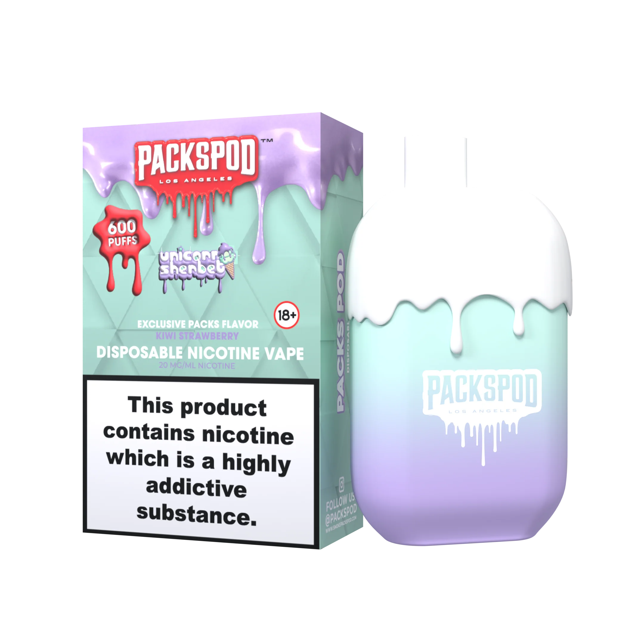 packspod vape los angeles mit 20mg nikotin 600 puffs unicorn sherbets kiwi strawberry