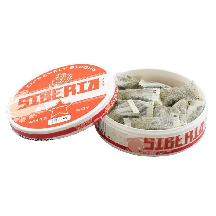 siberia snus red white dry slim mit 43mg nikotin in offener dose.