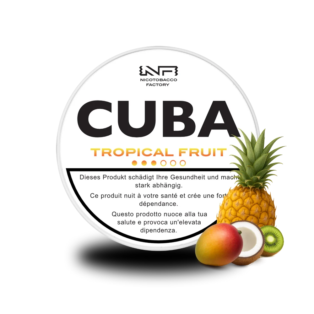 CUBA Snus White Tropical Fruit – tabakfreie Nicotine Pouches mit exotischem Tropical-Fruit-Aroma im Slim-Format, bis 16 mg Nikotin