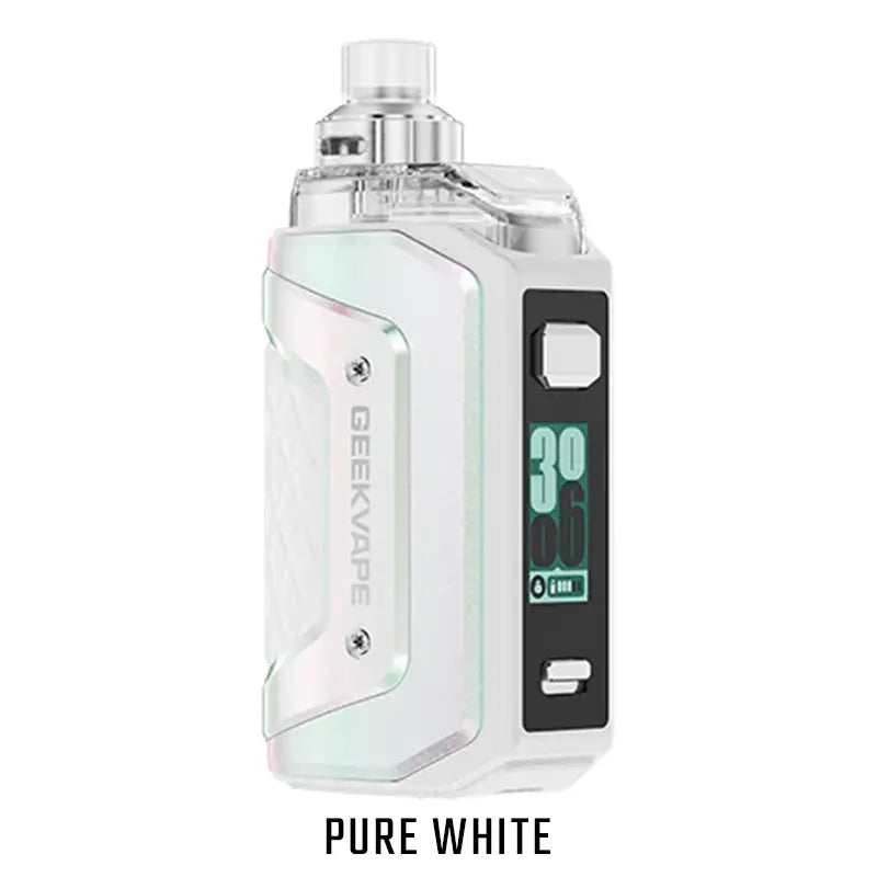 Kompaktes Vape-Gerät „Geekvape Aegis Hero 5“ in der Farbe Pure White. Das Gerät besitzt ein robustes, rechteckiges Gehäuse mit weißem Metallrahmen und schwarzem oberen Mundstück-Pod. Auf der Vorderseite befindet sich ein integriertes Display, kombiniert mit einer griffig strukturierten Oberfläche und einem stoßfest wirkenden Design im typischen Aegis-Stil.
