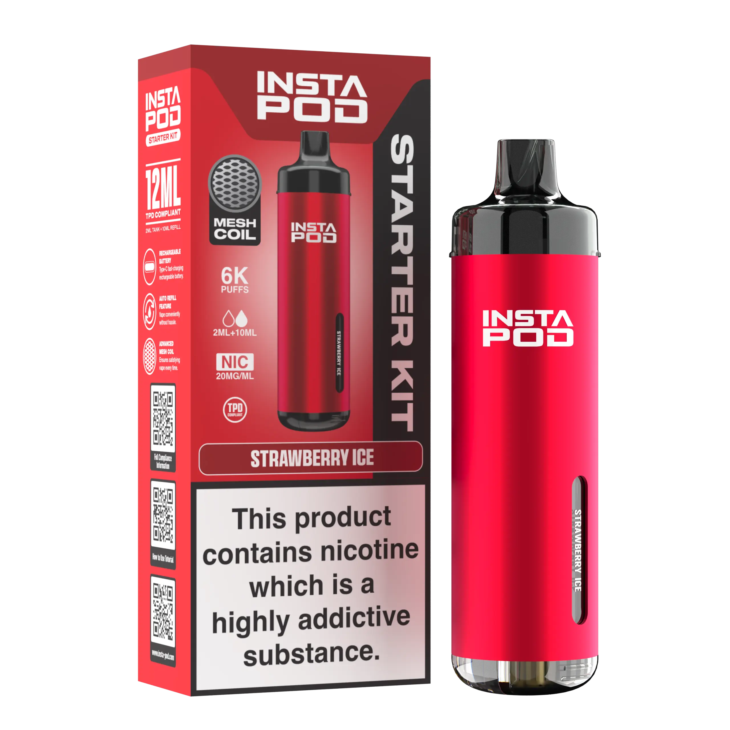 Insta Pod Vape Einweggerät 6000 Puffs – E-Zigarette im Geschmack Strawberry Ice.