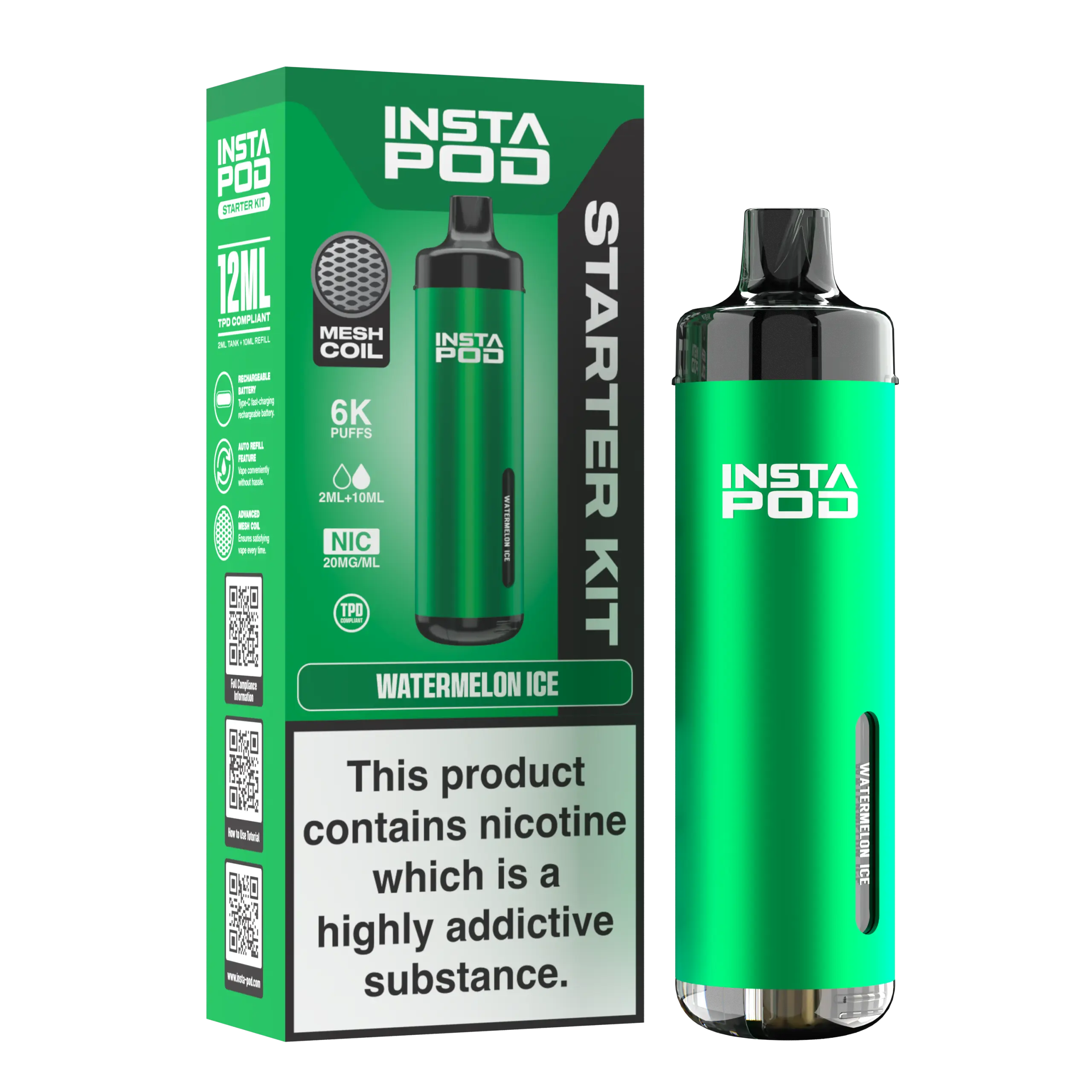 Insta Pod Vape Einweggerät 6000 Puffs – E-Zigarette im Geschmack Watermelon Ice.