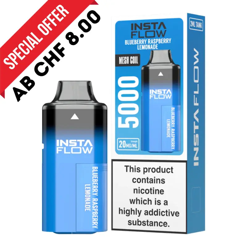 INSTAFLOW 5000 blueberry raspberry lemonade so einweg e zigarette mit blaubeere himbeere und zitronenlimonade geschmack vorgefuellt mit integriertem akku und zugautomatik