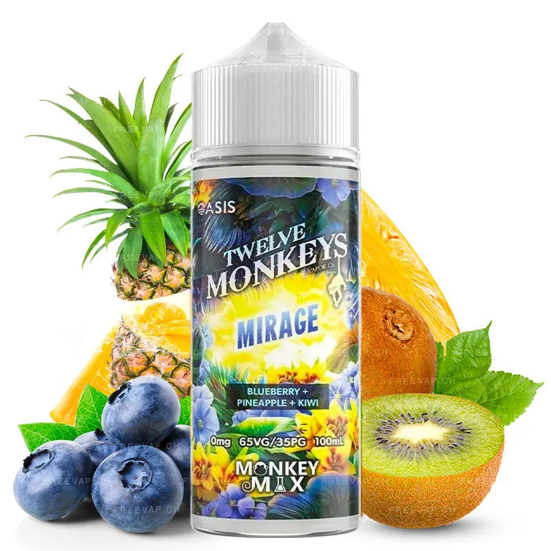 e-liquid twelve monkeys 100ml ohne nikotin, mirage blueberry pineapple kiwi