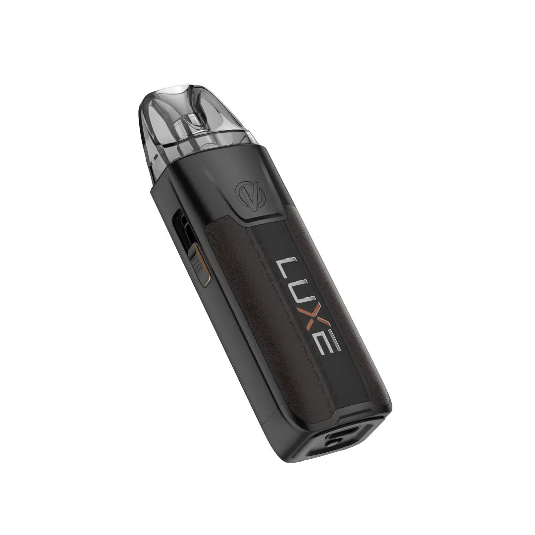 VAPORESSO xr max 2 black leather back pod system e zigarette geraet rueckansicht in schwarzer lederoptik mit integriertem akku und display
