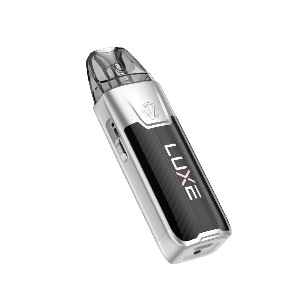 VAPORESSO xr max 2 silver back pod system e zigarette geraet rueckansicht in silberner ausfuehrung mit integriertem akku und display